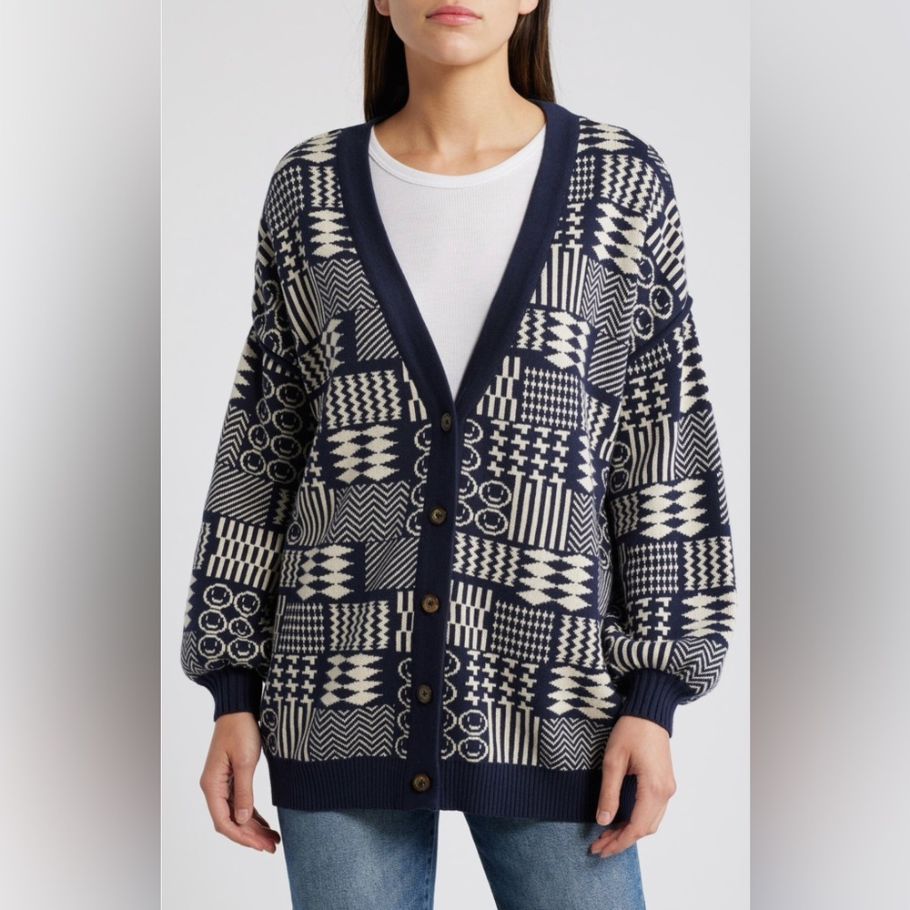 Cleobella Navy White Patchwork Knit Oversized Cardigan Sweater NWT Small - Picture 9 of 9